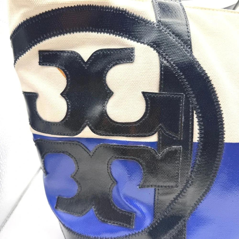 Tory Burch Ella Tote Canvas Colorblock Logo Shoulder Bag Womens Large Blue White